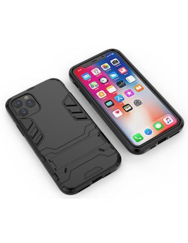 iPhone 11 Pro Max skal i svart TPU med kickstand, visat från sidan med telefonen i närheten