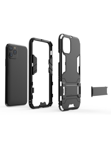 Svart stöttåligt skal för iPhone 11 Pro Max, visat i flera delar med kickstand