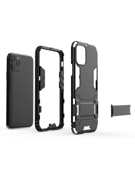 Svart stöttåligt skal för iPhone 11 Pro Max, visat i flera delar med kickstand