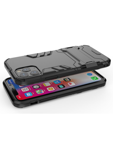 Svart stöttåligt skal för iPhone 11 Pro Max med kickstand, visat ovanifrån med telefon insatt