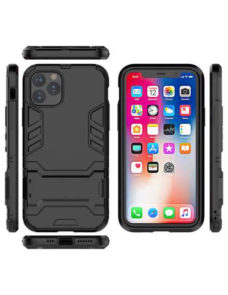 Svart stöttåligt skal för iPhone 11 Pro Max med kickstand, visat framifrån med telefonen insatt