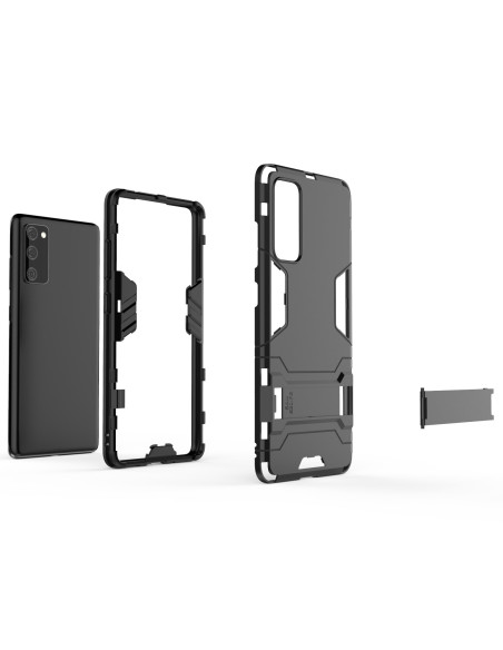 Samsung S20 FE stöttåligt skal med kickstand, visat i flera delar med telefonen i bakgrunden