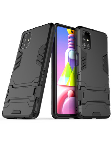 Samsung A72 5G skal i svart med kickstand, visat från sidan och framifrån
