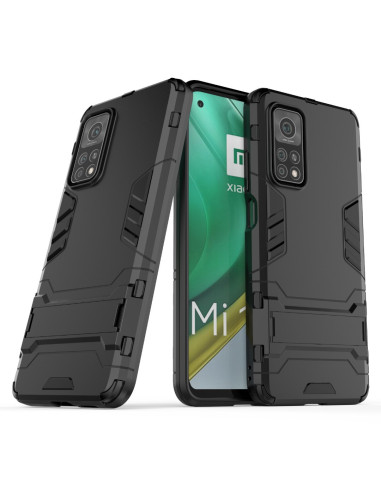 Stöttåligt skal för Xiaomi Mi 10T med kickstand, sett från sidan och framifrån