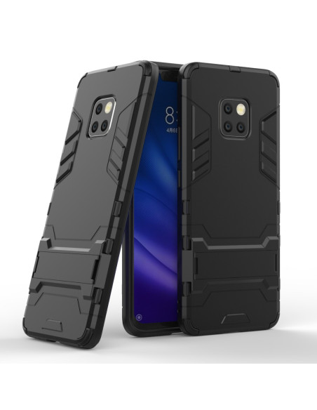 Svart stöttåligt skal för Huawei Mate 20 Pro med kickstand, visat från sidan och framifrån