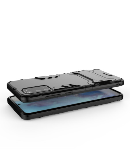 Samsung S20 Plus skal i svart TPU med kickstand, visat bakifrån med telefonen liggande ovanpå