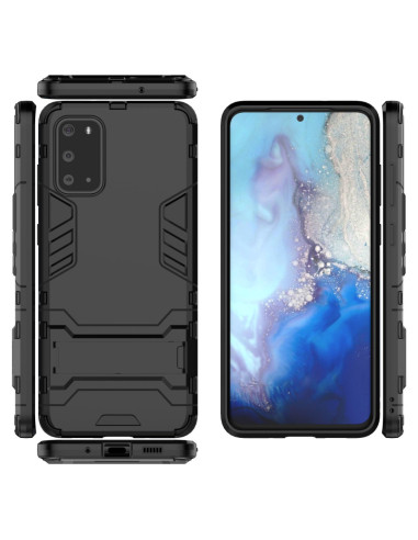 Samsung S20 Plus skal i svart TPU med kickstand, visat från flera vinklar med telefonen monterad