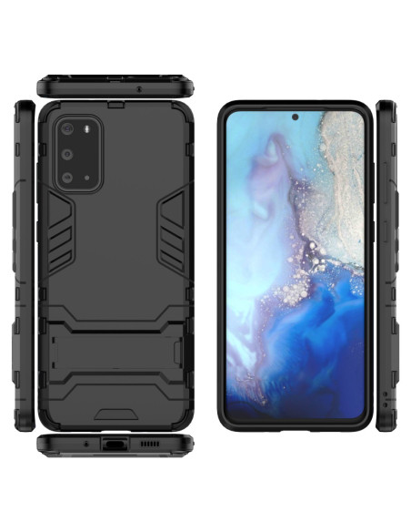 Samsung S20 Plus skal i svart TPU med kickstand, visat från flera vinklar med telefonen monterad