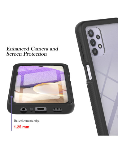 Närbild av Samsung A32 5G Heltäckande 3D Skal som visar förstärkt kamerakant och skärmskydd