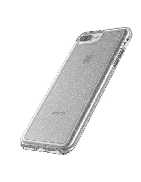 Stötdämpande mobilskal i silver för iPhone 7 Plus och 8 Plus, visat från en vinklad bakvy med glittrande yta