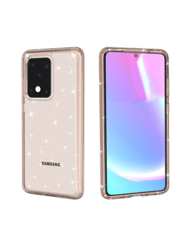 Mobilskal i guld med glittrande yta, sett från sidan och framsidan, för Samsung S20 Ultra