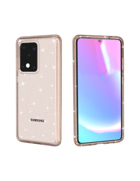 Mobilskal i guld med glittrande yta, sett från sidan och framsidan, för Samsung S20 Ultra