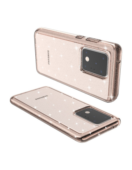 Mobilskal i guld för Samsung S20 Ultra, visat bakifrån med glittrande yta