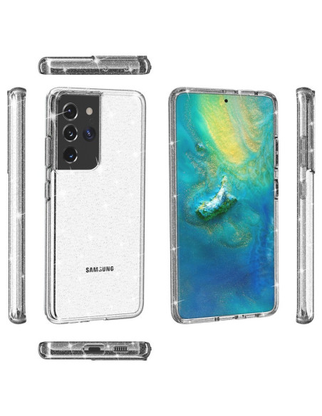 Samsung S21 Ultra mobilskal Gnistra Silver i detaljvy med glittrande yta och transparent design