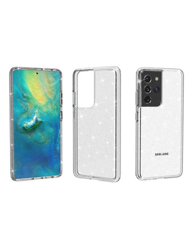 Samsung S21 Ultra mobilskal Gnistra Silver visat från sidan och framifrån med glittrande yta