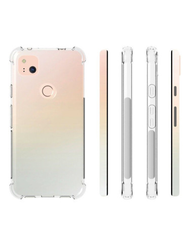 Transparent TPU-skal för Google Pixel 4a med förstärkta hörn, visat från sidan och framifrån