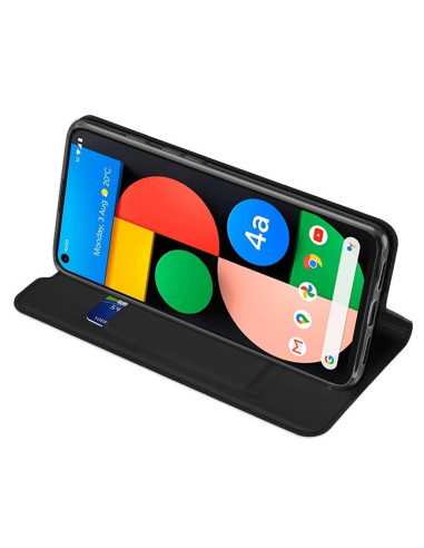 Svart Flipfodral Skin Pro för Google Pixel 4a, stående med telefon och kortfack synligt
