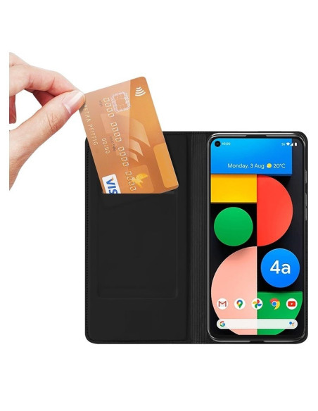 Närbild av Google Pixel 4a Flipfodral med kortfack och telefon i användning