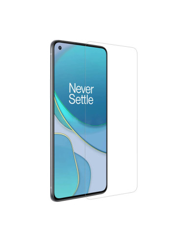 Framifrån vy av OnePlus 9 med härdat glas som skyddar skärmen