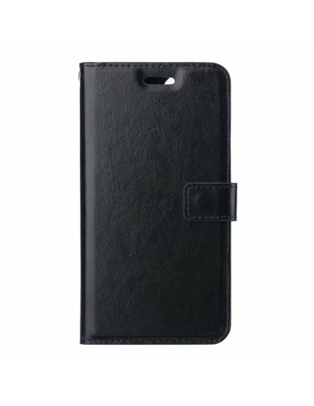 Framsidan av OnePlus 9 plånboksfodral i svart konstläder med stängd magnetlås