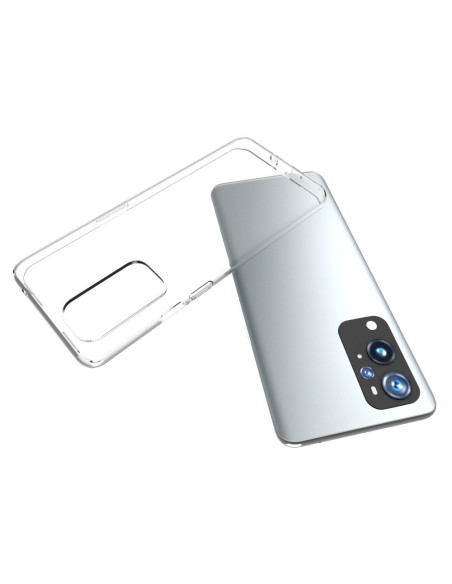 Transparent skal för OnePlus 9 Pro, visat i en detaljvy med telefonen delvis inskjuten