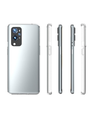 Transparent skal för OnePlus 9 Pro, visat från flera vinklar för att visa passform och design