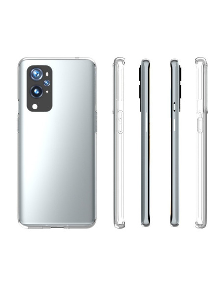 Transparent skal för OnePlus 9 Pro, visat från flera vinklar för att visa passform och design