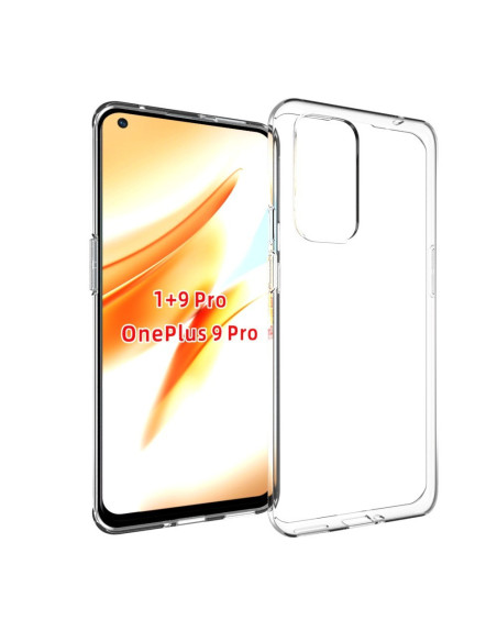 Transparent skal för OnePlus 9 Pro, visat framifrån med telefonen delvis inskjuten