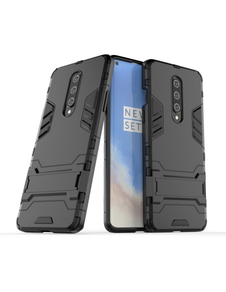 OnePlus 8 stöttåligt skal i svart med kickstand, visat från sidan och framifrån