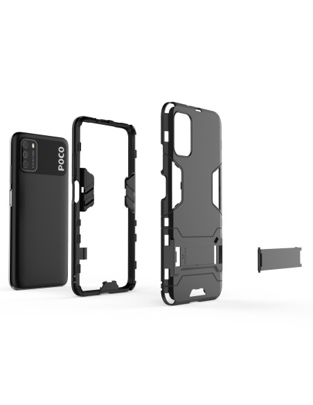 Xiaomi Poco M3 stöttåligt skal med kickstand, visat i flera delar och med telefonen på sidan