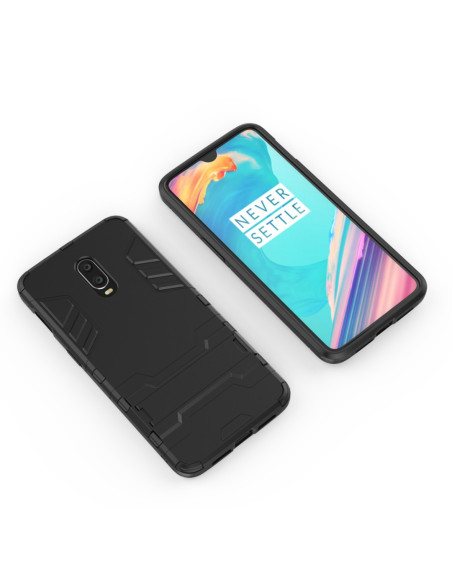 OnePlus 6T stöttåligt skal med kickstand, visat från sidan med telefon och detalj av ytan