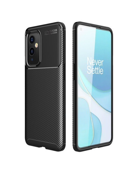 OnePlus 9 Pro skal i svart karbonfiber med upphöjd ram, sett från sidan