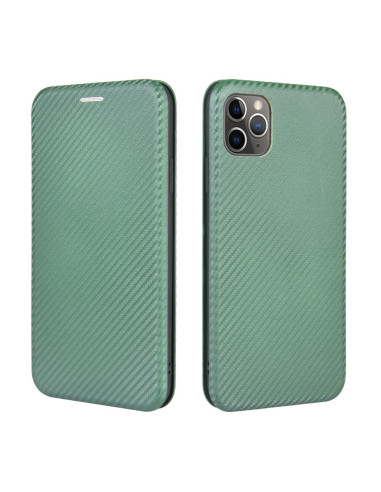 Grönt flipfodral för iPhone 11 Pro Max med textur, sett från sidan och baksidan