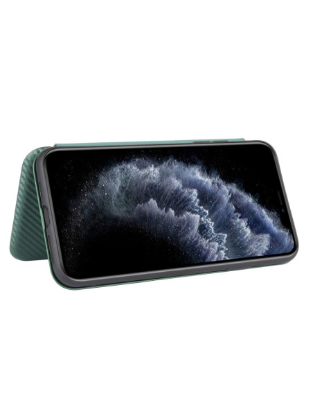 iPhone 11 Pro Max flipfodral i grön nyans, stående med telefon monterad, visat framifrån