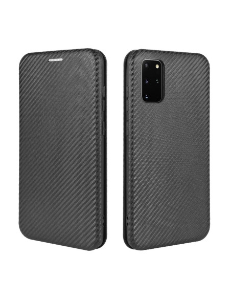 Flipfodral för Samsung S20 Plus i svart med texturerad yta, sett från sidan och baksidan