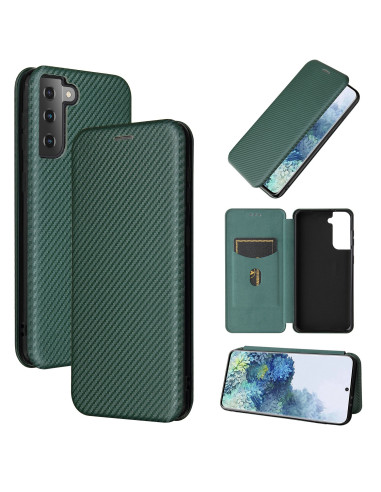 Grönt flipfodral för Samsung S21 Plus med kortfack, sett framifrån och bakifrån