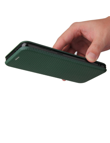 Grönt flipfodral för Samsung S21 Plus hålls i handen, sett från ovan