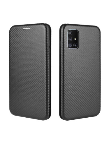 Flipfodral för Samsung A51 med karbonmönster, sett från sidan och baksidan