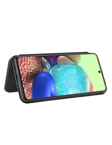 Samsung A51 flipfodral med telefon monterad, visad i liggande läge