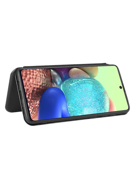 Samsung A51 flipfodral med telefon monterad, visad i liggande läge