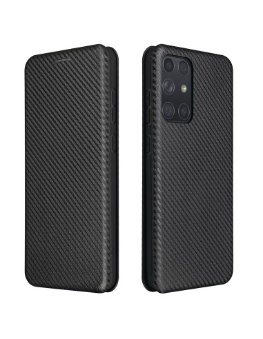 Svart flipfodral för Samsung A72 5G med texturerad yta, sett framifrån och bakifrån