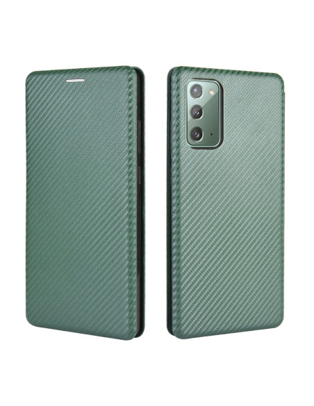Grönt flipfodral med kolfiberstruktur, sett framifrån och från sidan, för Samsung Note 20 Ultra