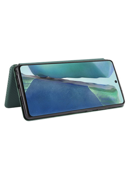 Samsung Note 20 Ultra i det gröna flipfodralet, sett från sidan med öppen vy