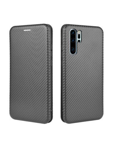 Flipfodral för Huawei P30 Pro med kolfiberdesign, sett från sidan och baksidan