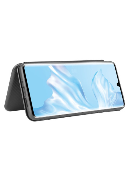 Huawei P30 Pro flipfodral med kolfiberdesign, sett bakifrån och uppfällt för visning