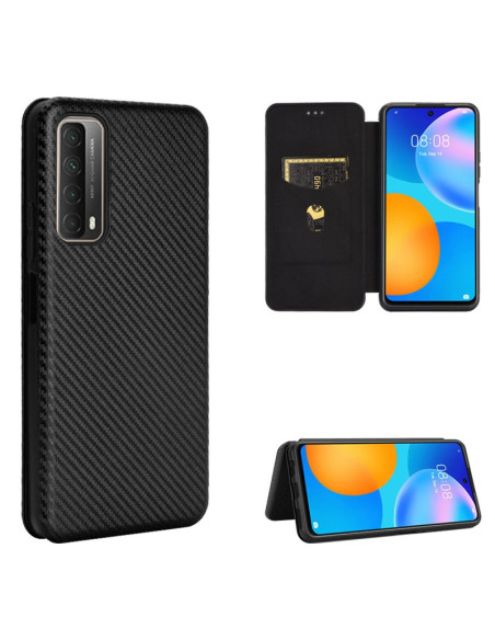Flipfodral för Huawei P Smart 2021 med kolfiberdesign och kortfack, öppet och stängt