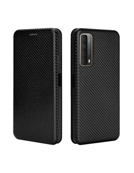 Flipfodral för Huawei P Smart 2021 med kolfiberdesign, sett framifrån och bakifrån