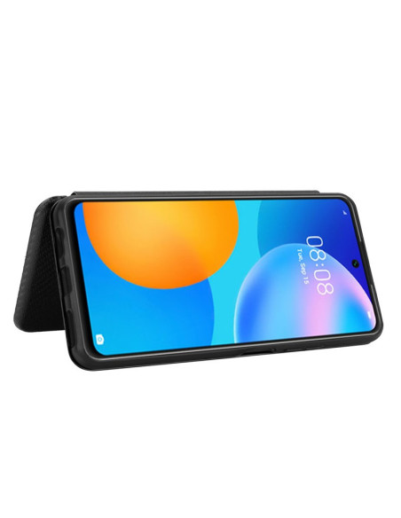 Huawei P Smart 2021 flipfodral med telefonen monterad, sett från sidan
