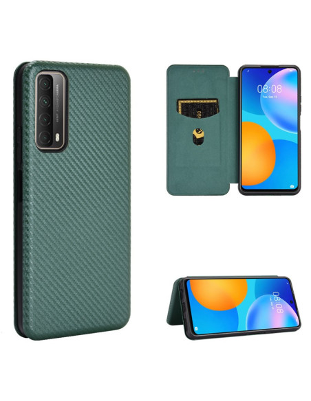 Grönt flipfodral för Huawei P Smart 2021 med kolfiberdesign och kortfack
