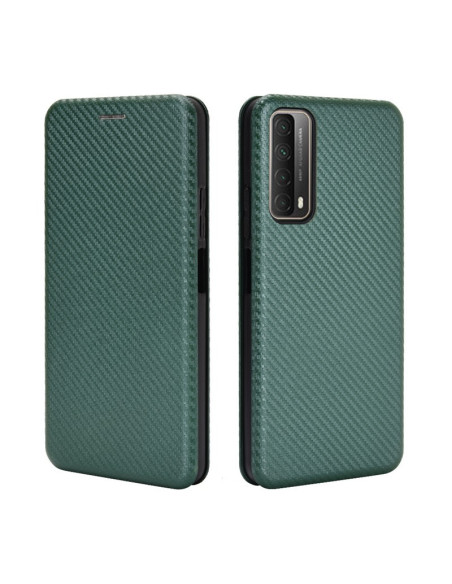 Grönt flipfodral för Huawei P Smart 2021 med kolfiberstruktur, sett från sidan och baksidan